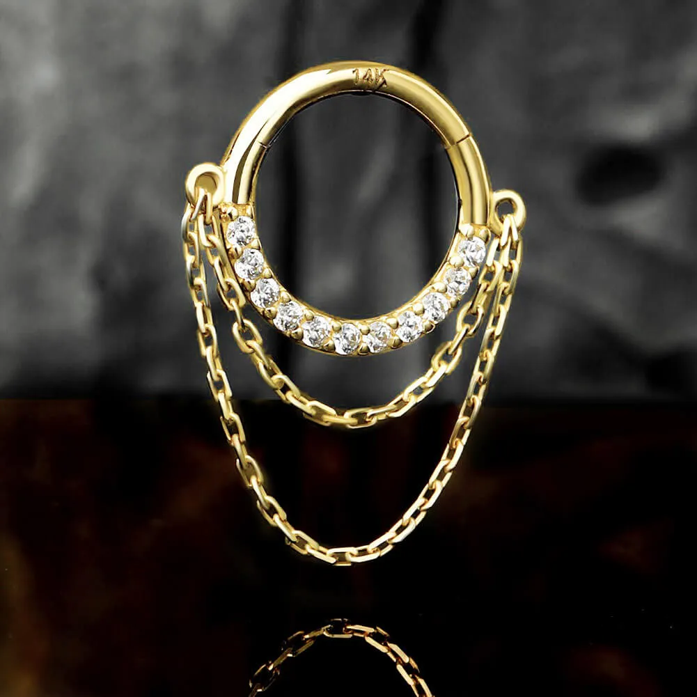 14K Solid Gold 16G Double Chain CZ Septum Ring Helix Earring