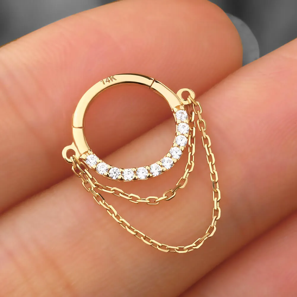 14K Solid Gold 16G Double Chain CZ Septum Ring Helix Earring