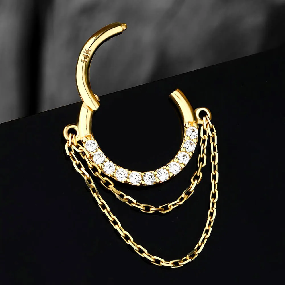 14K Solid Gold 16G Double Chain CZ Septum Ring Helix Earring