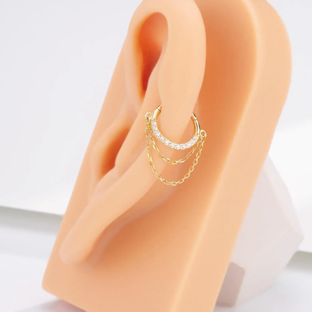 14K Solid Gold 16G Double Chain CZ Septum Ring Helix Earring