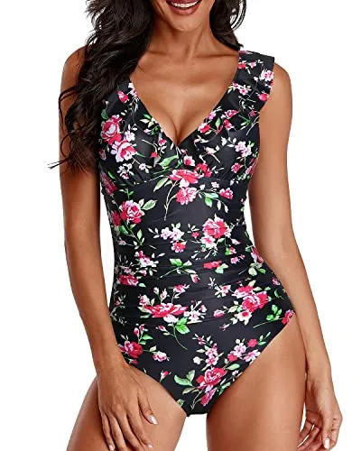 Adjustable Straps One Piece Swimsuit For Women-Black Floral