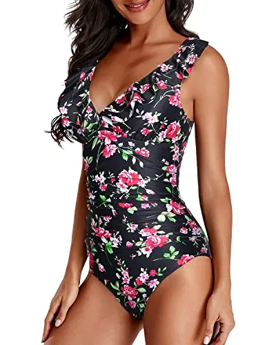 Adjustable Straps One Piece Swimsuit For Women-Black Floral