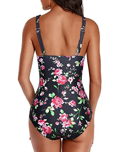 Adjustable Straps One Piece Swimsuit For Women-Black Floral