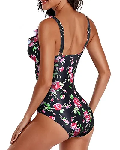 Adjustable Straps One Piece Swimsuit For Women-Black Floral