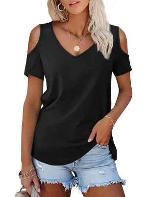 Amoretu Womens Summer Tops Cold Shoulder Short Sleeves Tee Shirts (Black,L)