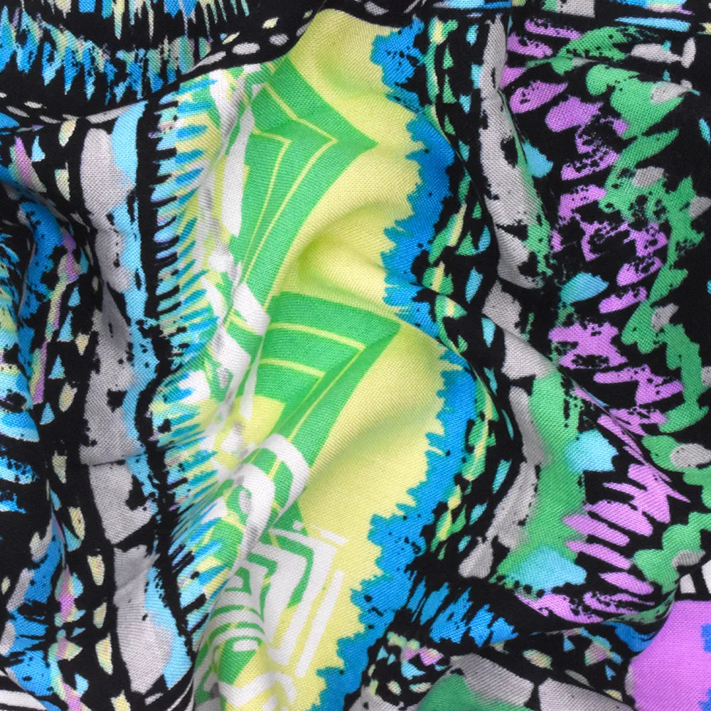 Aqua-Black-Multi Abstract Aztec Printed Challis Woven Fabric