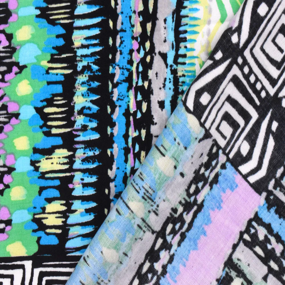 Aqua-Black-Multi Abstract Aztec Printed Challis Woven Fabric