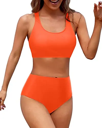 Athletic High Rise Bathing Suit With Full Coverage For Women-Neon Orange