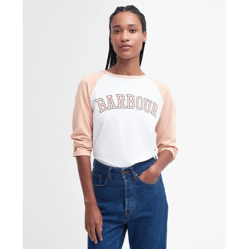 Barbour Northumberland Ladies Long Sleeve T-Shirt - White/Soft Apricot