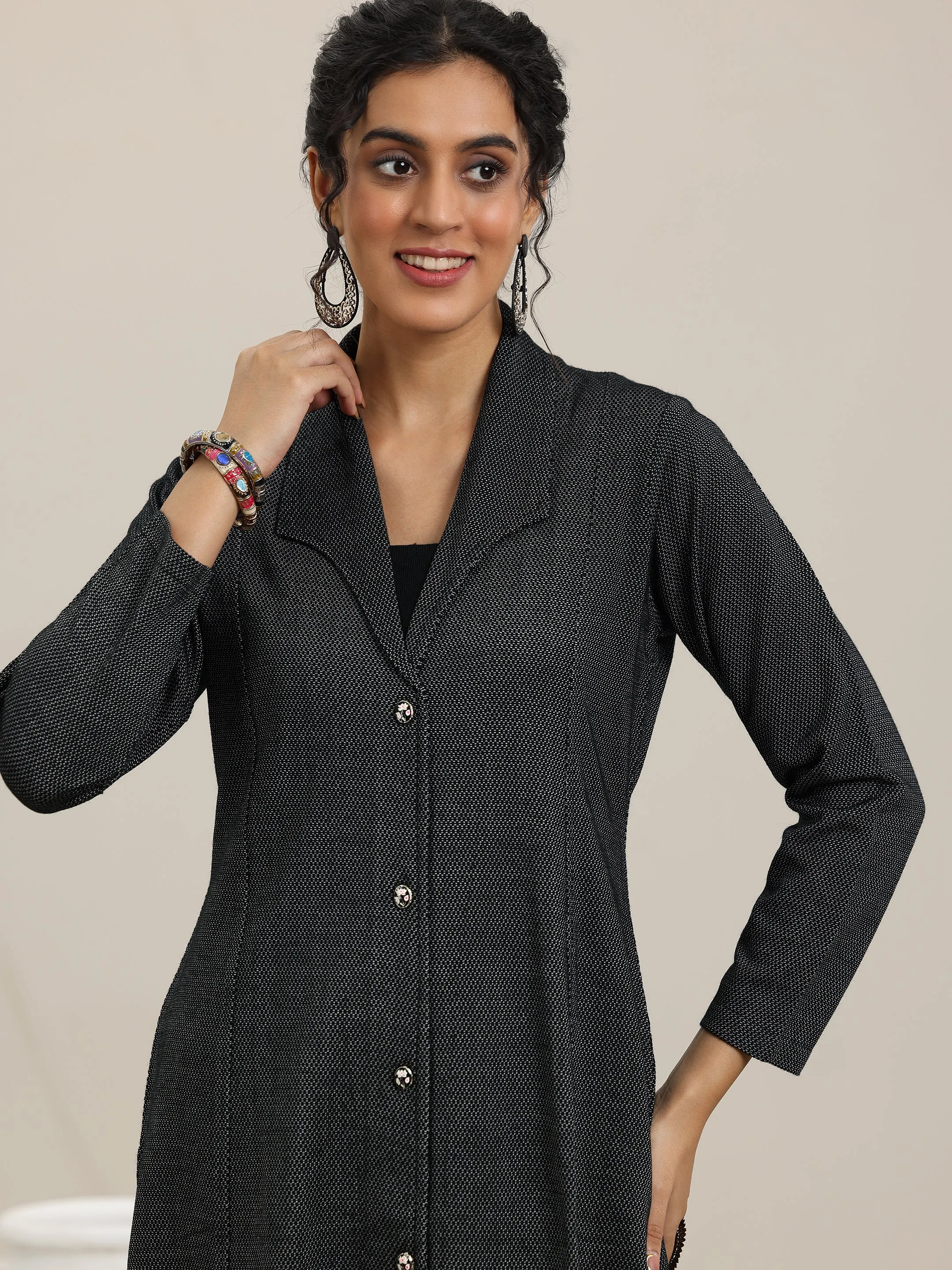 Black Woven Design Wool Straight Kurta