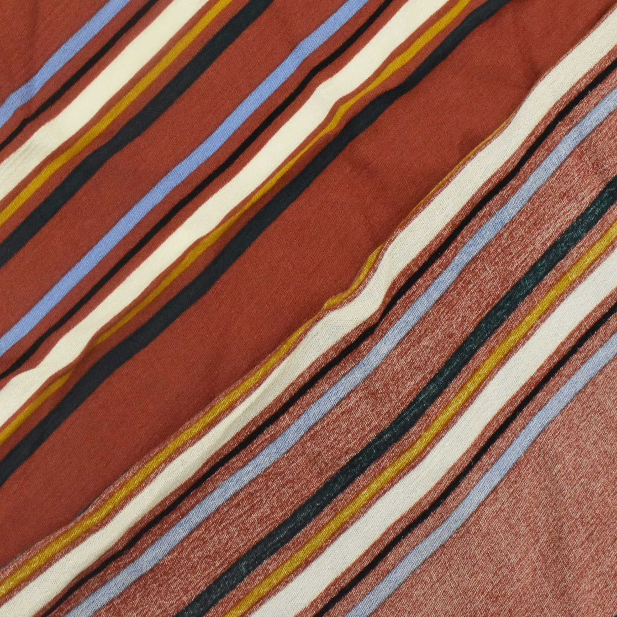 Brick Red-Blue-Multi Stripe Printed Rayon Crepe Challis fabric