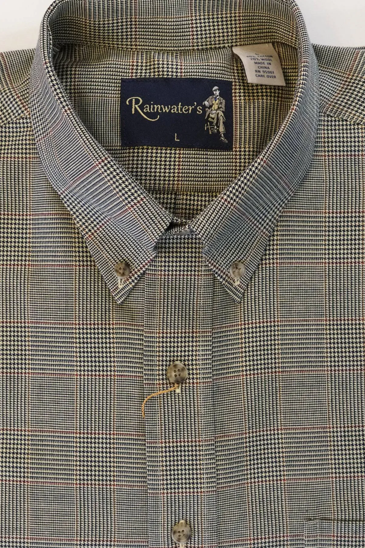 Camel and Navy Mini Glen Plaid Button Down in Cotton & Wool by Rainwater's