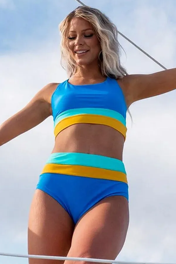 Color Block U Neck Cut Out Zipper Blue Bikini Suits