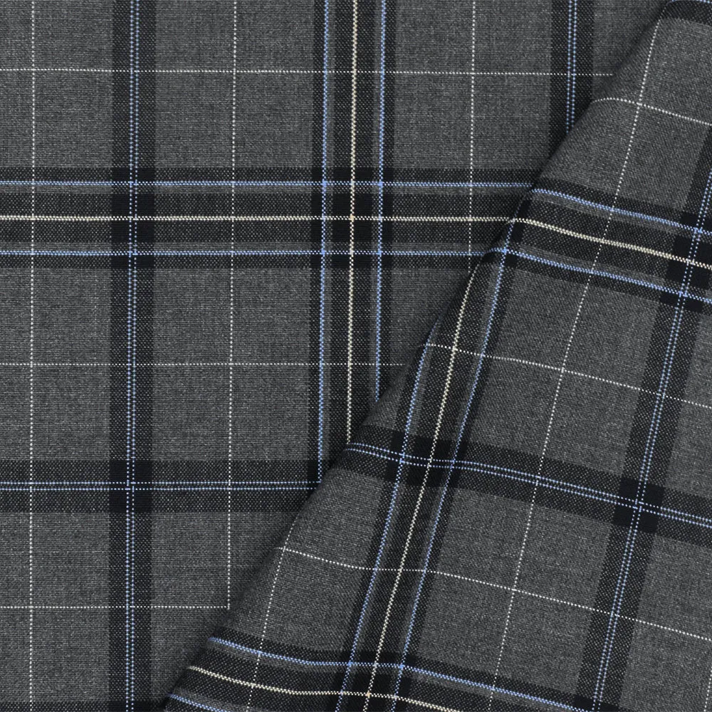 Cool Gray-Blue-Multi Plaid Wool-Poly Woven Suiting Fabric