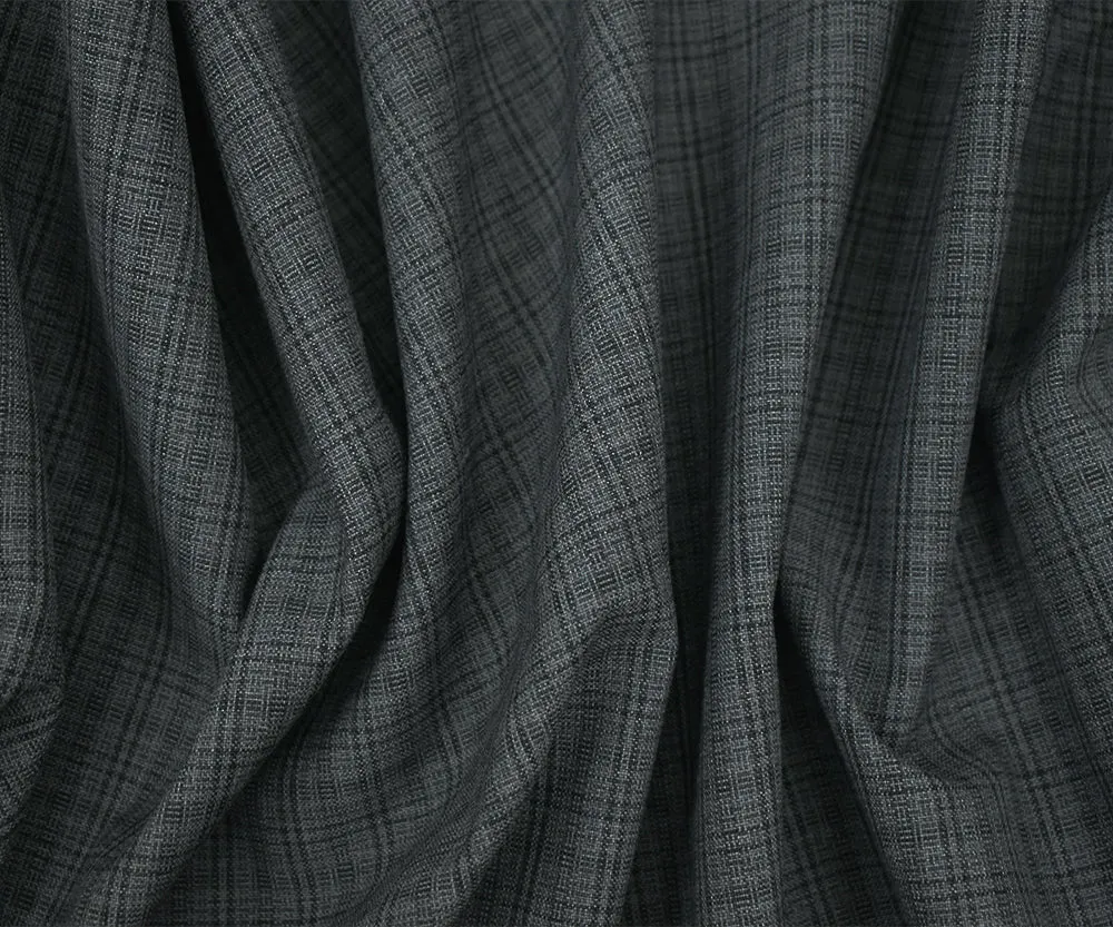 Gray-Black Wool-Polyester Plaid Woven Shirting Fabric