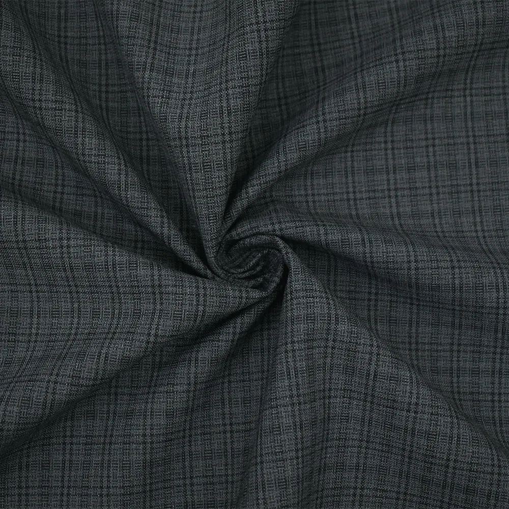 Gray-Black Wool-Polyester Plaid Woven Shirting Fabric