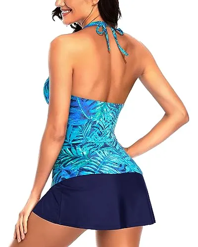 Halter V-Neck Ruched Top & Drawstring Skirt Tankini Set