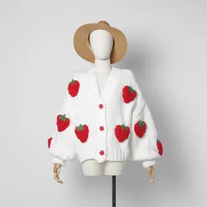 Handmade 3D Strawberries Cardigan Sweater