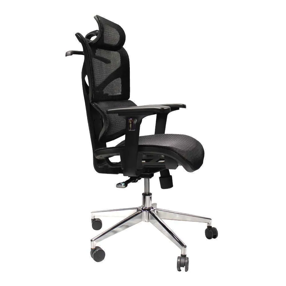 Hero High Back Mesh Chair Adj H-Rest Chrome Base 150kg Max Black