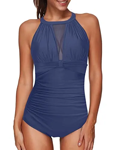 High Neck Mesh Keyhole Back One Piece Swimsuit For Women-Blue