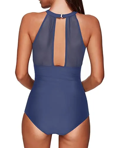 High Neck Mesh Keyhole Back One Piece Swimsuit For Women-Blue