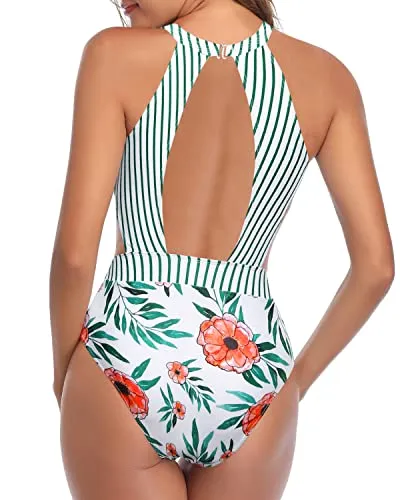 High Neck One Piece Swimsuit Cut Out Swimming Suit Women-White Floral