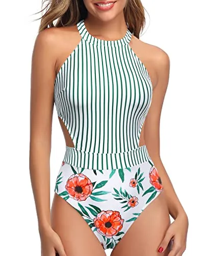 High Neck One Piece Swimsuit Cut Out Swimming Suit Women-White Floral