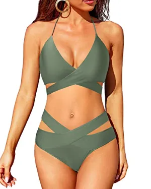 High Waisted Bikini 2 Piece Halter Wrap Criss Cross Bikini Set For Women-Olive Green