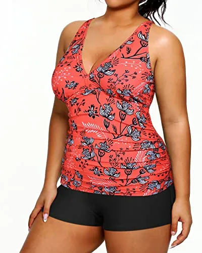 High Waisted Plus Size Swimsuits Shorts Tummy Control Tankini Bathing Suits-Red Floral