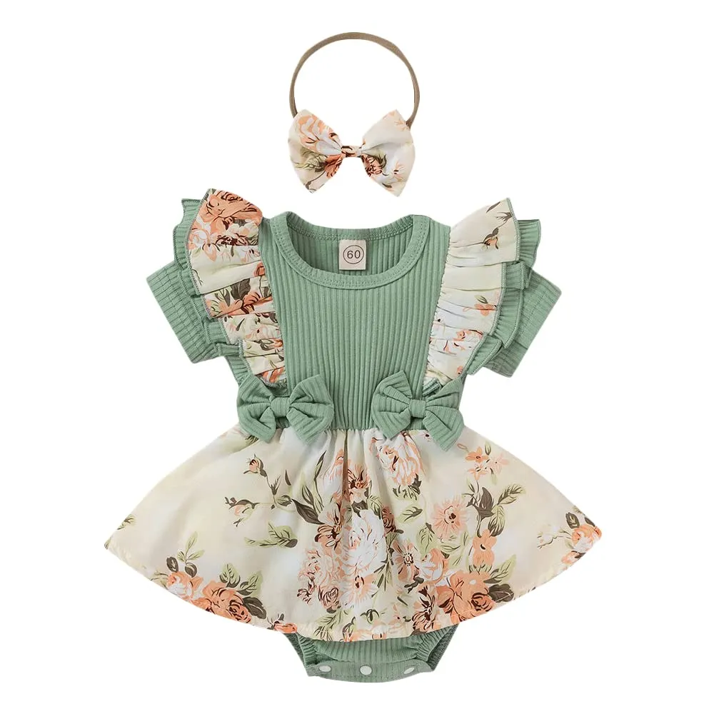 Hopscotch Baby Girls Cotton and Polyester Floral Print Ruffled Bodysuit With Headband in Green Color For Ages (3-6 Months)