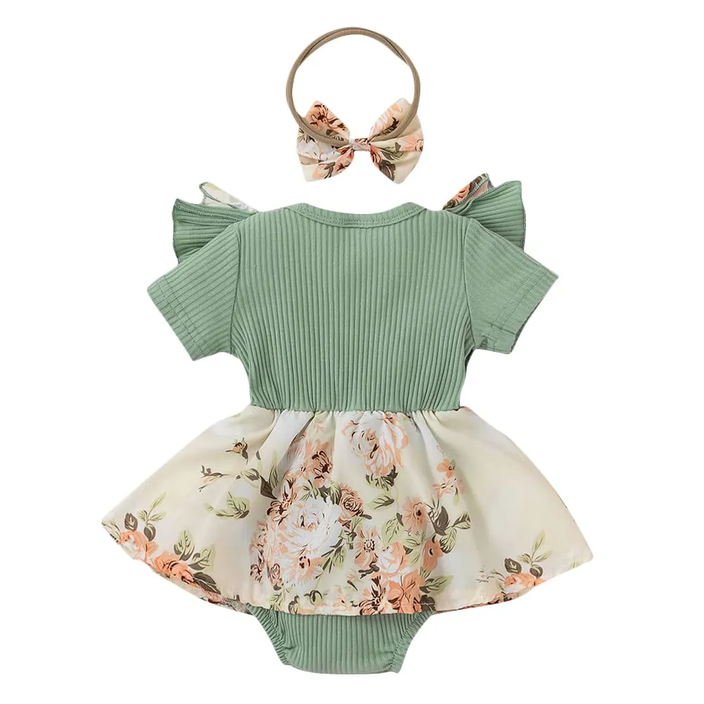 Hopscotch Baby Girls Cotton and Polyester Floral Print Ruffled Bodysuit With Headband in Green Color For Ages (3-6 Months)