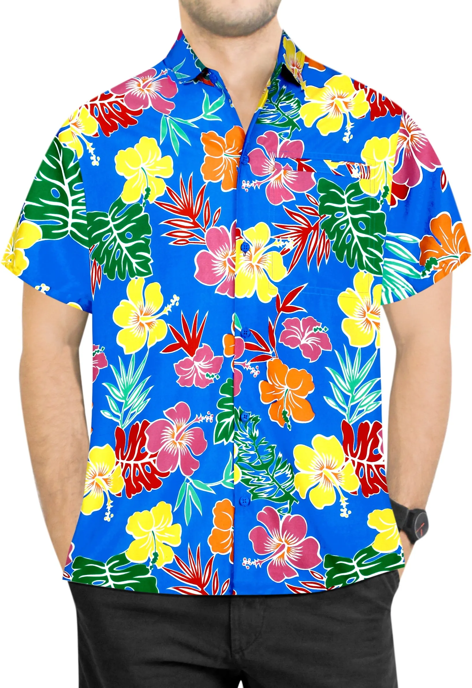 LA LEELA Shirt Casual Button Down Short Sleeve Beach Shirt Men Aloha Pocket shirt Bright Blue_AA179