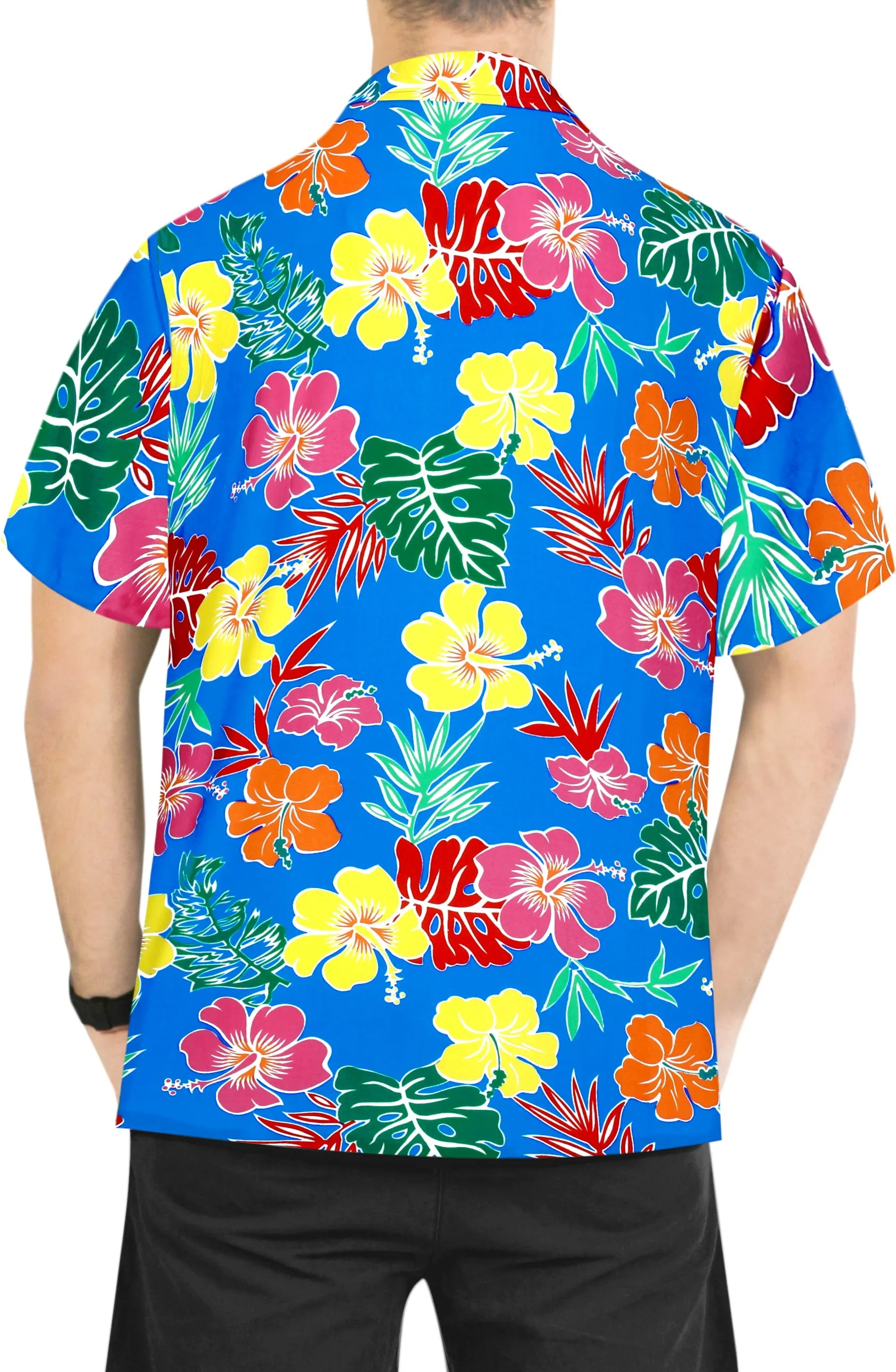 LA LEELA Shirt Casual Button Down Short Sleeve Beach Shirt Men Aloha Pocket shirt Bright Blue_AA179