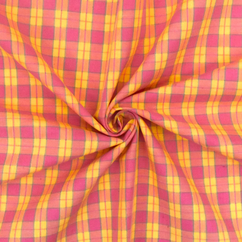 Lollipop Pink-Yellow-Green Plaid Cotton Polyester Madras Woven Fabric