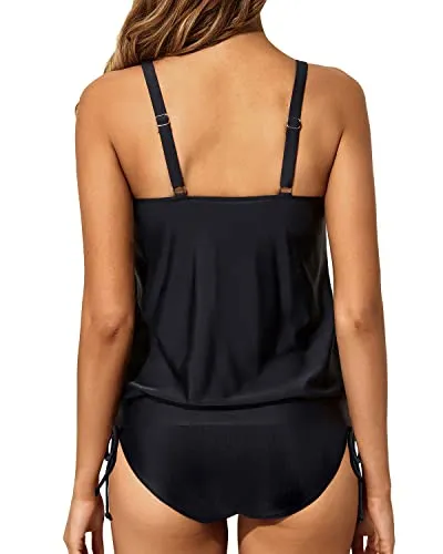 Loose Two Piece Blouson Tankini Swimsuits For Women Tummy Control Bathing Suits-Black