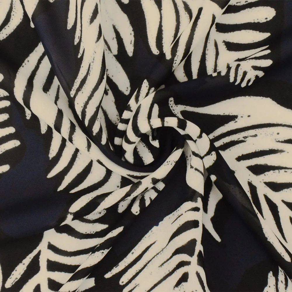 Navy-Black-Beige Famous Designer Viscose Leaf Printed Chiffon Fabric