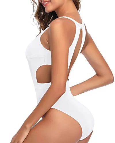 Open Back High Neck One Piece Swimsuits For Women Tummy Control Cutout Bathing Suits-White