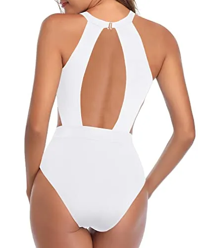 Open Back High Neck One Piece Swimsuits For Women Tummy Control Cutout Bathing Suits-White