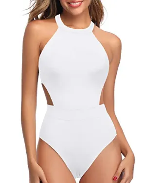 Open Back High Neck One Piece Swimsuits For Women Tummy Control Cutout Bathing Suits-White