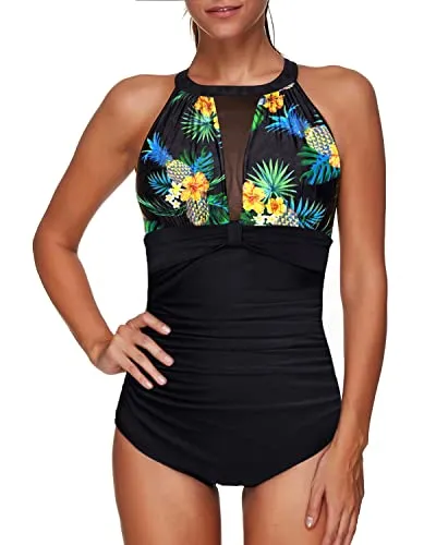 Padded Halter High Neck Mesh Tummy Control Bathing Suit-Black Pineapple