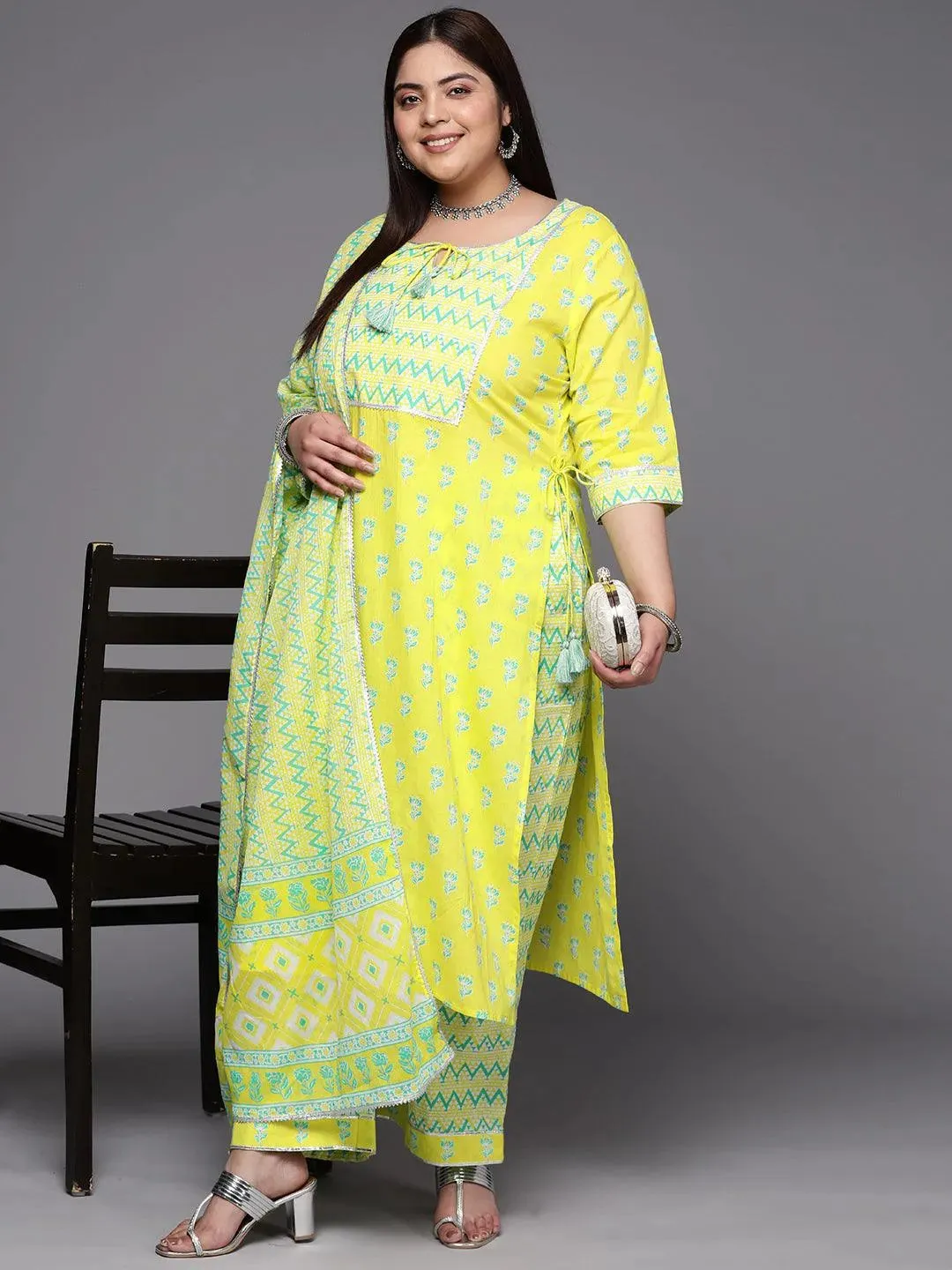 Plus Size Yellow Printed Cotton Straight Kurta With Trousers & Dupatta