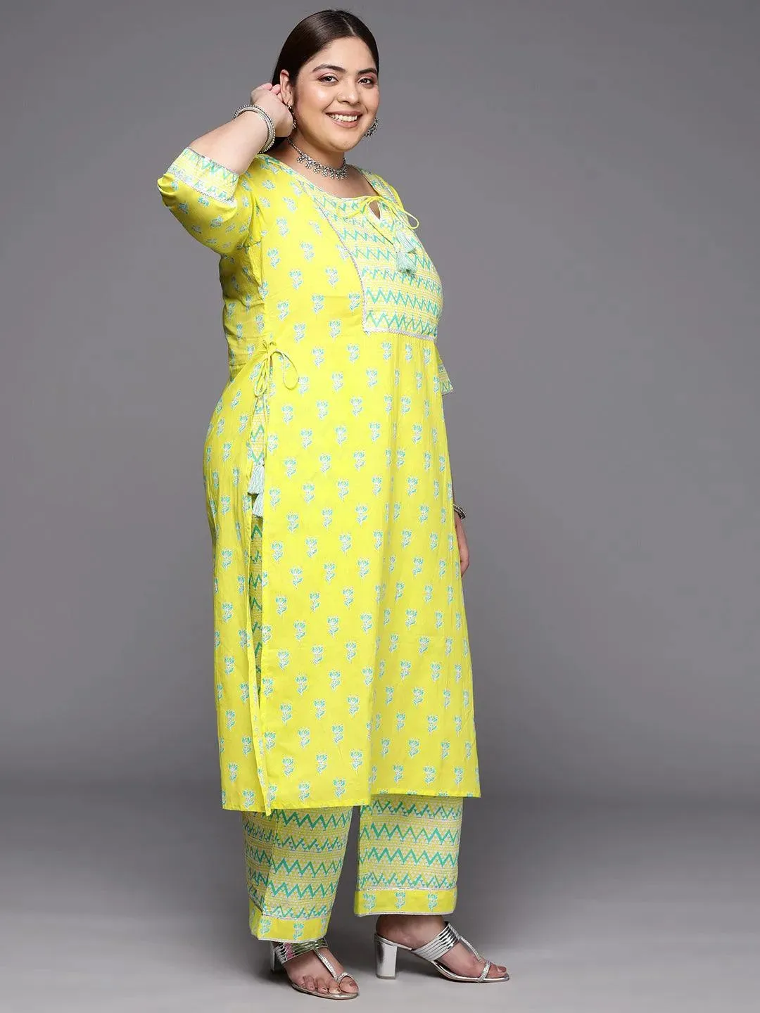 Plus Size Yellow Printed Cotton Straight Kurta With Trousers & Dupatta