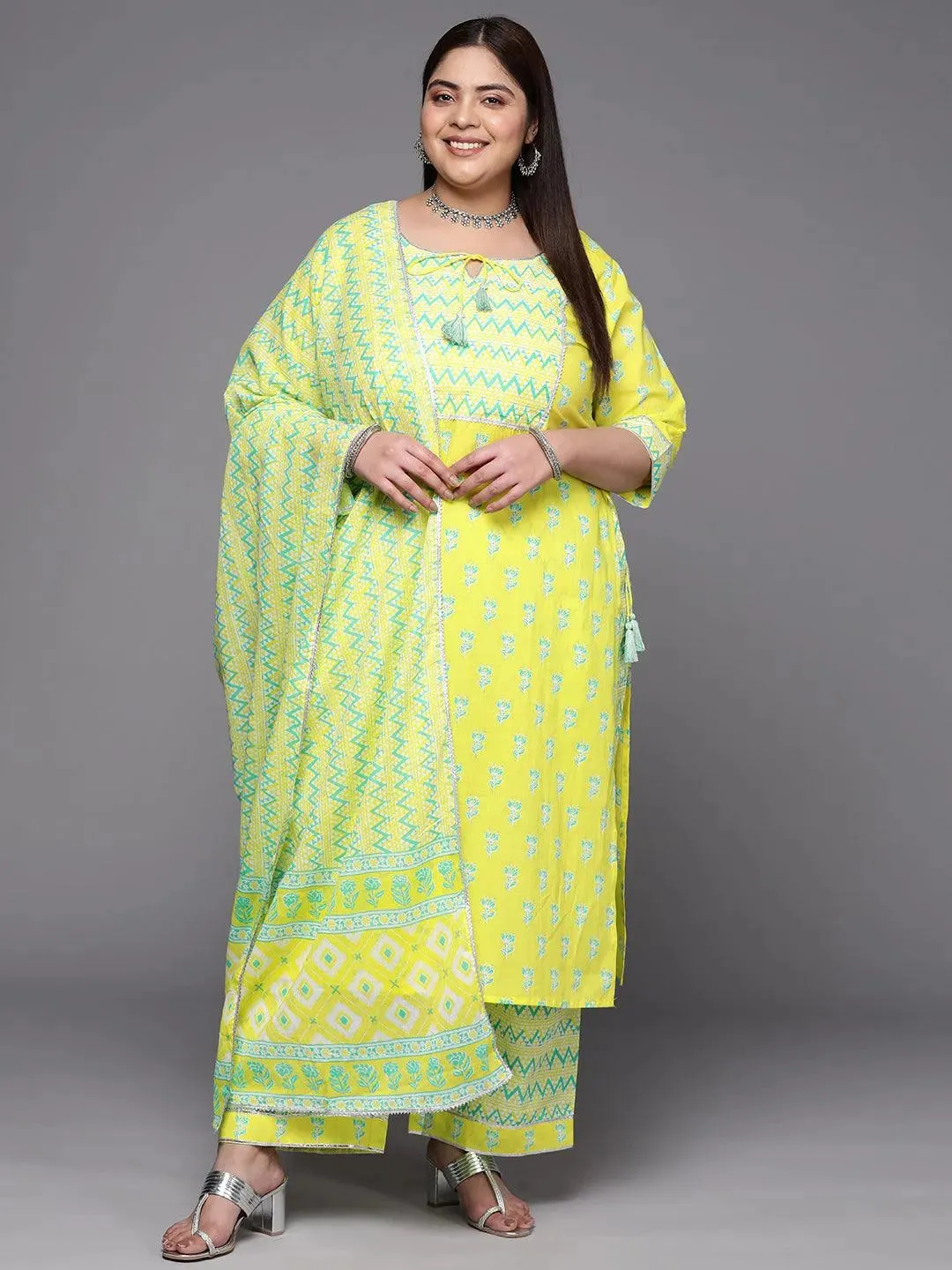 Plus Size Yellow Printed Cotton Straight Kurta With Trousers & Dupatta