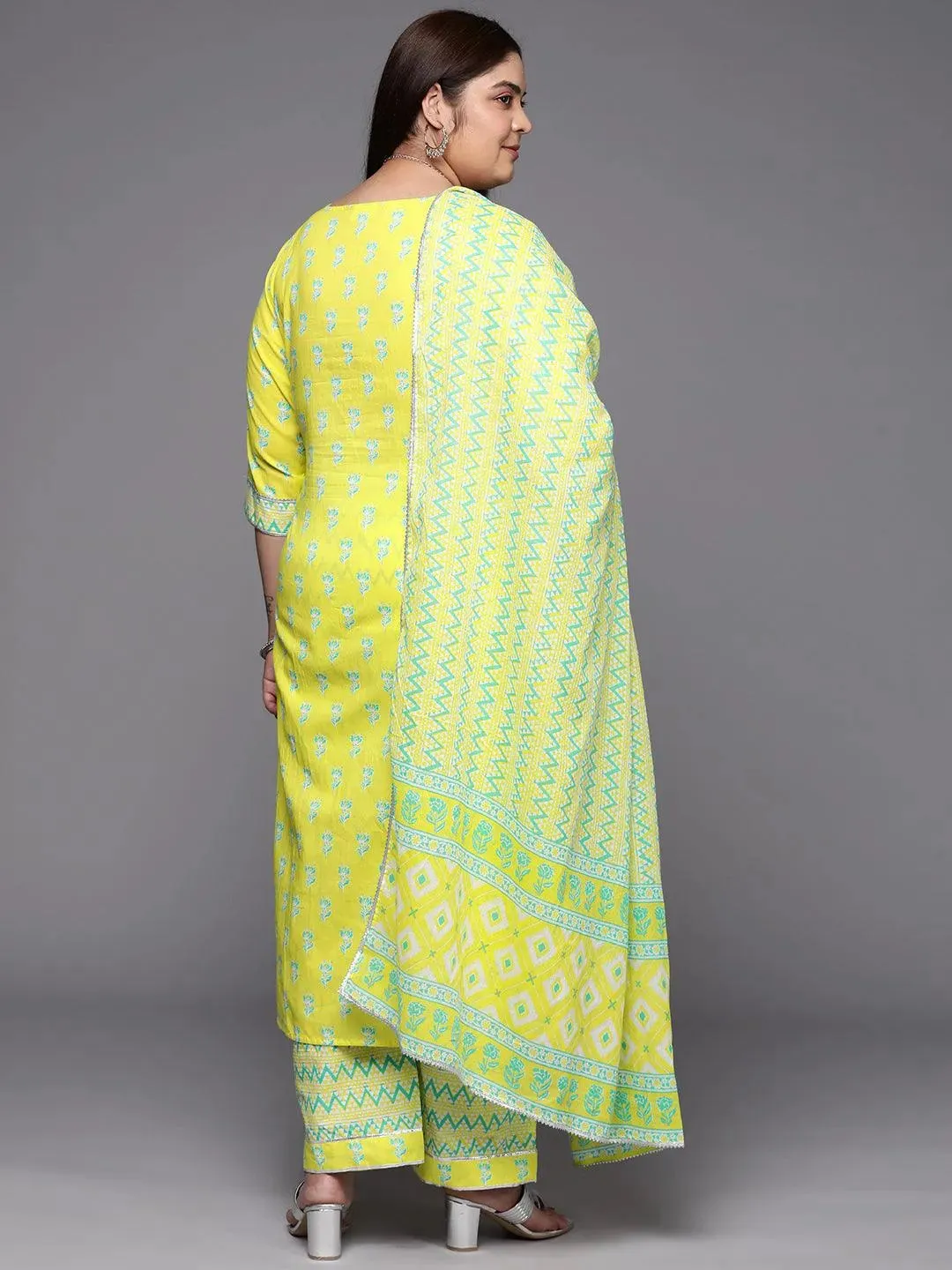 Plus Size Yellow Printed Cotton Straight Kurta With Trousers & Dupatta