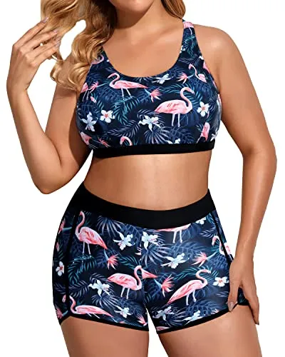 Scoop Neck Plus Size 3 Piece Swimsuits High Waisted Boy Shorts For Women-Black Flamingo