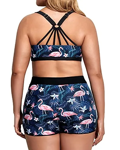 Scoop Neck Plus Size 3 Piece Swimsuits High Waisted Boy Shorts For Women-Black Flamingo