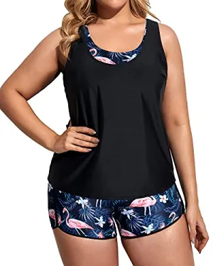 Scoop Neck Plus Size 3 Piece Swimsuits High Waisted Boy Shorts For Women-Black Flamingo