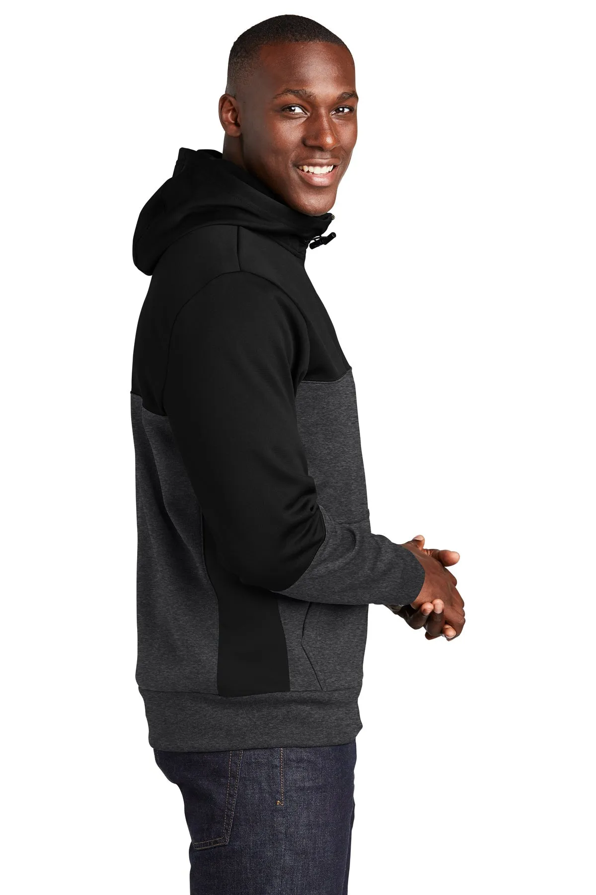 Sport-Tek Tech Fleece Colorblock Custom Full-Zip Hooded Jackets, Black/ Graphite Heather/ Black