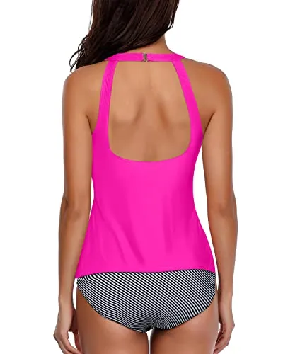 Stylish Black And Striped Tankini For Teens With Padded Push Up Bra-Hot Pink Stripe