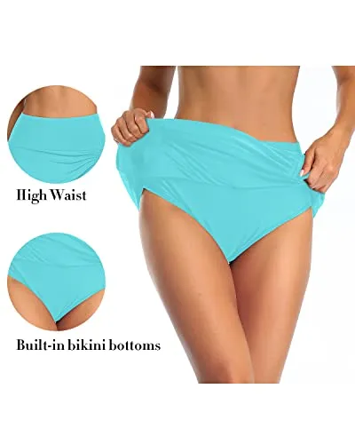 Tummy Control Bathing Suit Bottoms With Built In Brief Swim Skirt For Women-Blue Green